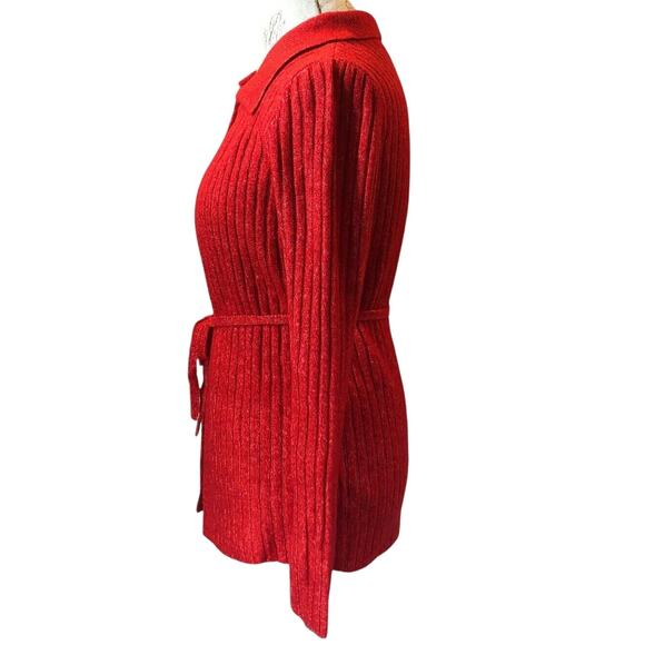 ASOS Design Cardigan Sweater Womens 8 Red Shimmer Open Front Belted Ribbed Knit - Picture 6 of 8